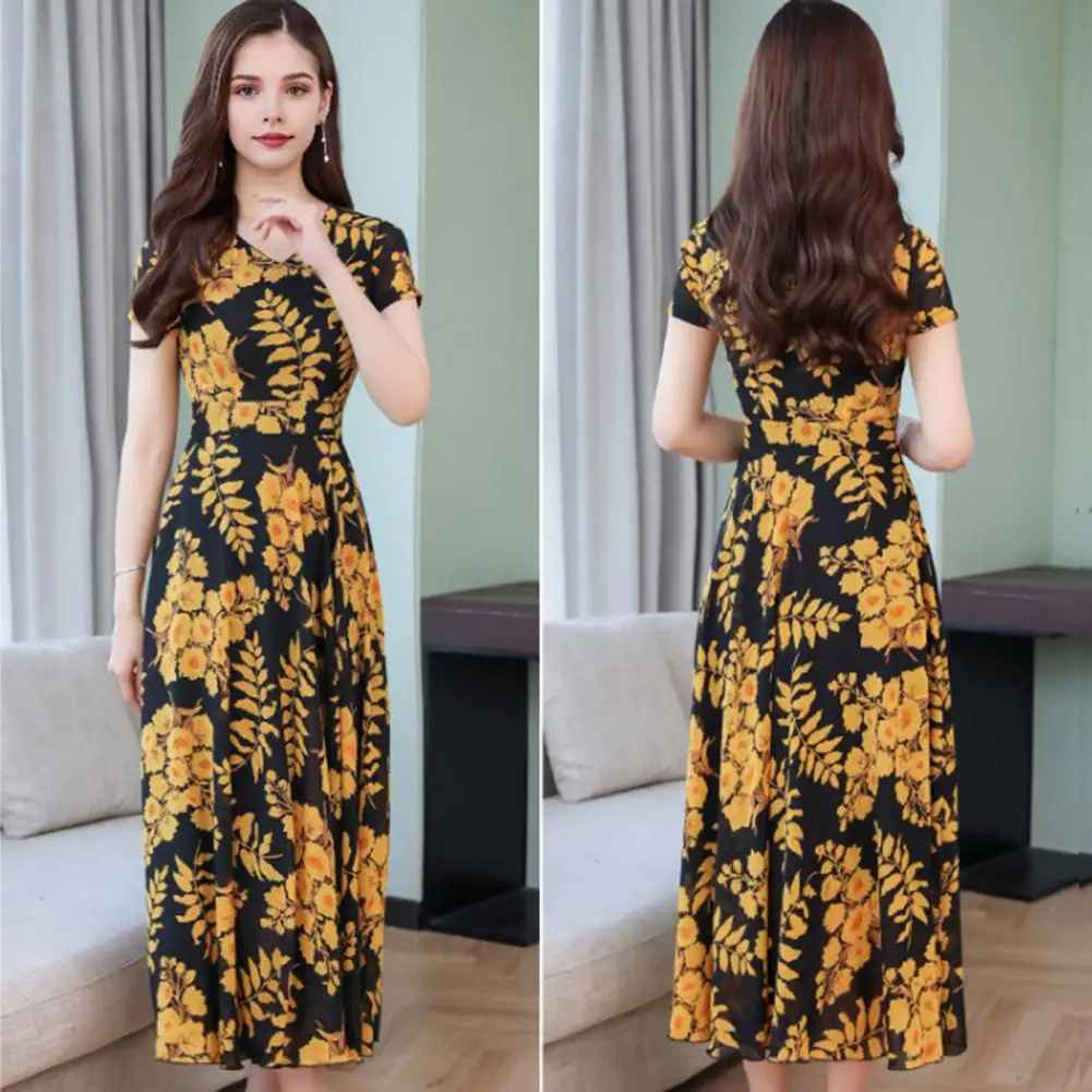 Printed Dress Lightweight Printed Dress Elegant V-neck Midi Dress with Flowy Hem Leaf Print Office Soft Lightweight Cotton Blend