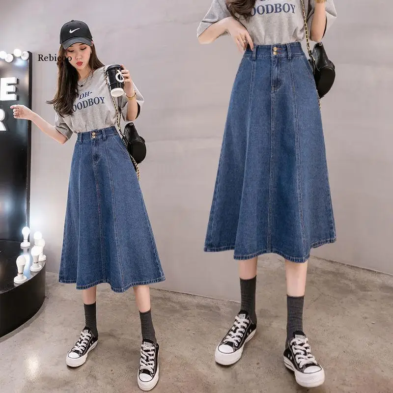 Women's 2021 Hole Make Classic Antique Denim Midi Skirt Spring Loose Casual Skirt