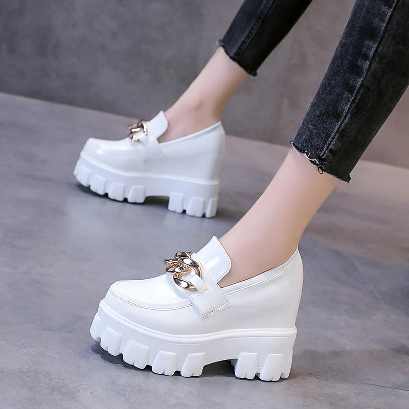 Women Patent Leather Chunky Sneakers Loafers Breathable Chain High Heels Platform Casual Shoes Flats Woman Vulcanize