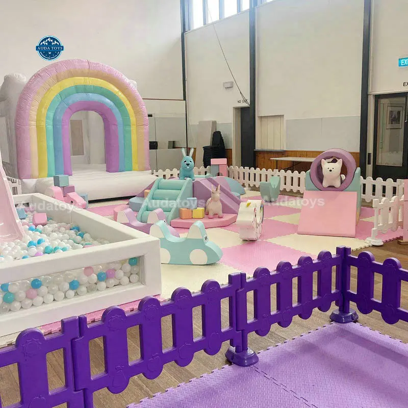 Pastel Indoor Wooden Soft Play Macaroon Color Mobile Playground Set For Schools & Shopping Malls 16x16ft 3-6 Years
