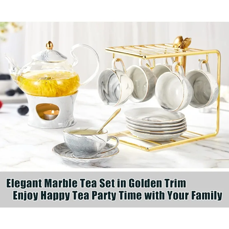 21 pcs Small Tea Set of 6, Gray Marble Texture with Handcraft Golden Trim, Fine Porcelain Tea pot Set for Kids&Adults