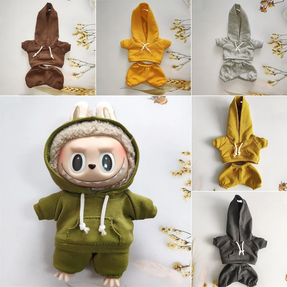 Per 17 cm Labubu Set di vestiti per bambole Felpa con cappuccio tinta unita Felpa e pantaloni Vestito per bambola fai da te Regalo per collezionisti di giocattoli