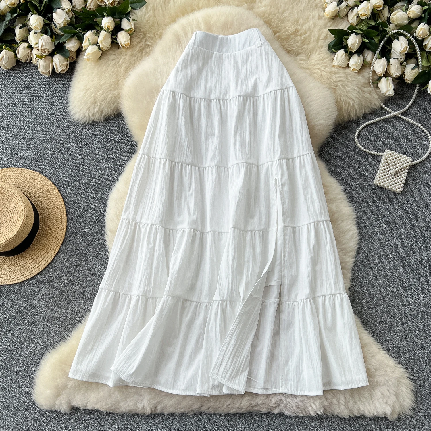 المرأة الأنيقة أنيقة سبليت مطوي عالية الخصر أزياء خمر التفاف Fairycore تنورة الربيع الصيف الملابس