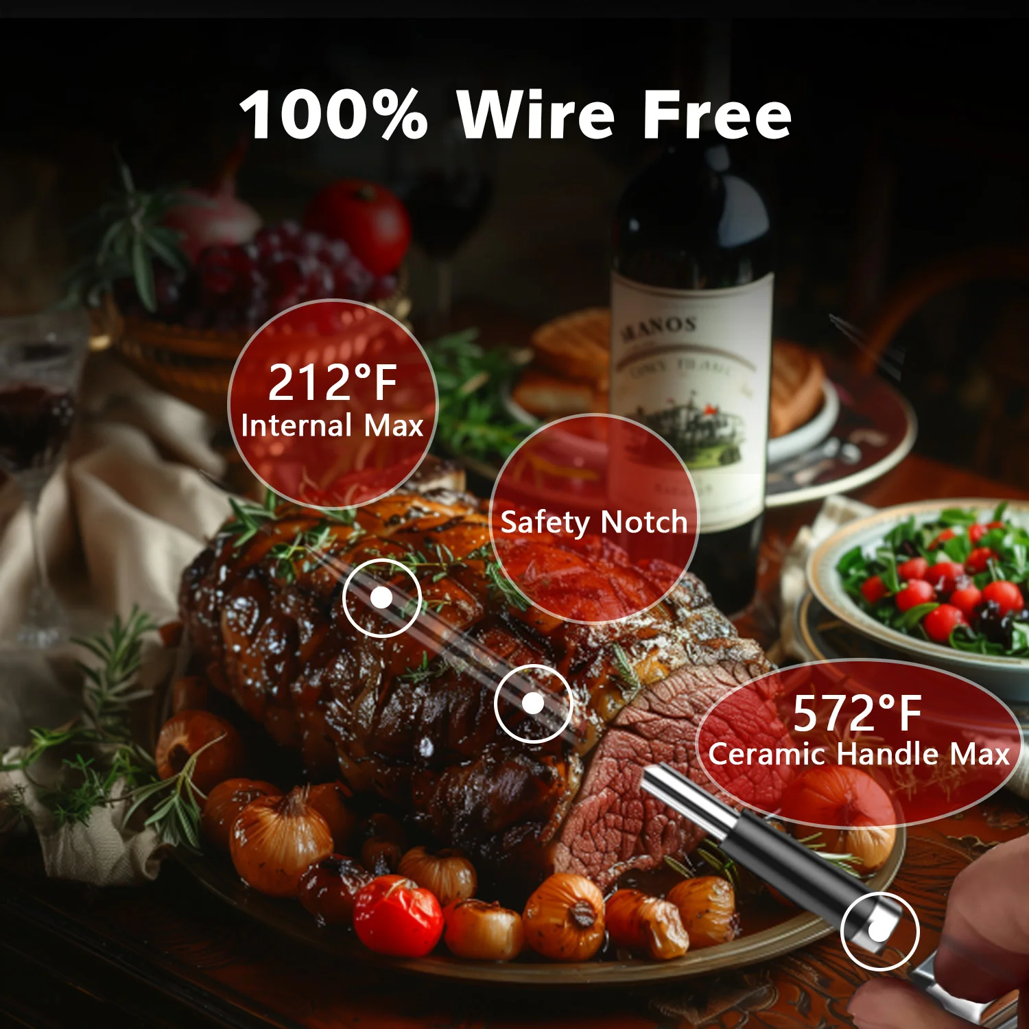Wireless Meat Thermometer Bluetooth Probe Rechargeable Food Thermometer with LCD Screen & Booster for BBQ Oven Rotisserie