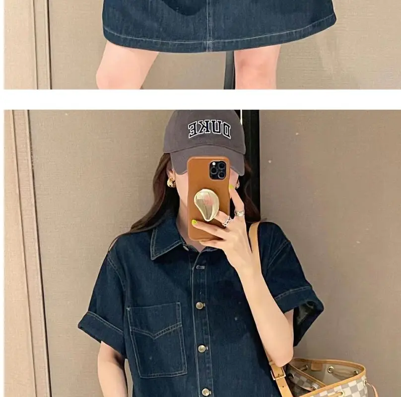 Womens Light Denim Short Sleeve Shirt Dress Loose Fit Button Front Pocket Casual Retro Jean Sundress - view 2