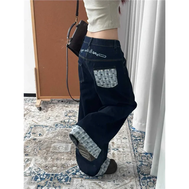 Jeans in denim a gamba larga a vita alta da donna taglie forti Pantaloni larghi a taglio dritto con lunghezza al pavimento retrò americana
