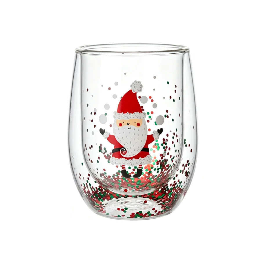 Christmas Santa Double Wall Glass Tumbler, Egg Shape Cup With Sequin Confetti, Xmas Party Home Drinkware
