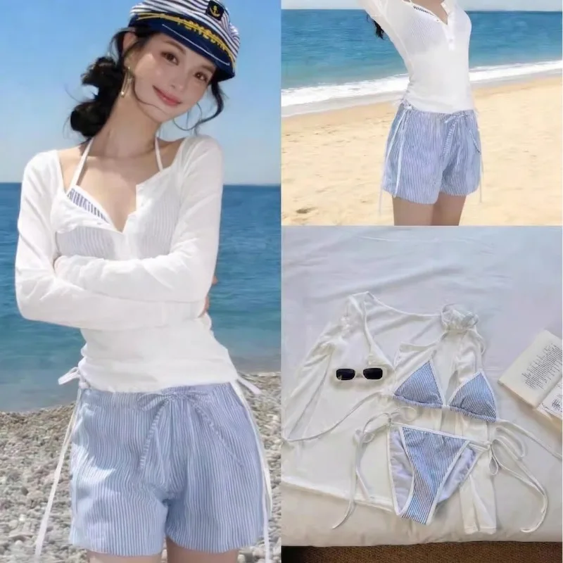 Traje de baño coreano de cuatro piezas para mujer, bikini de manga larga, estilo Ins Pure Desire, para vacaciones y aguas termales, adelgazante para busto pequeño