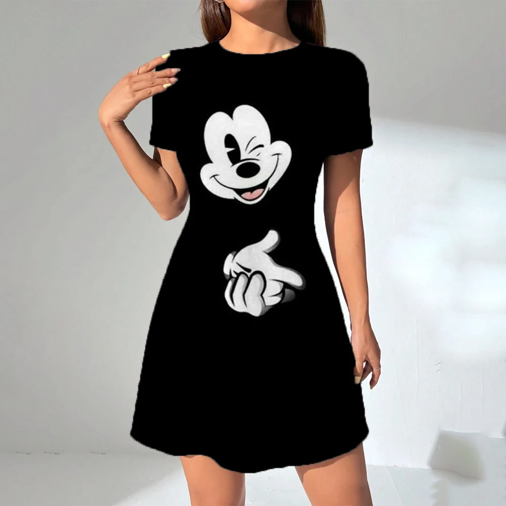 S-3Xl 디즈니 미키 마우스 프린트 O 넥 롱 드레스 캐주얼 보헤미안 숙녀 여름 해변 Sundress 여행 셔츠 파티 가운