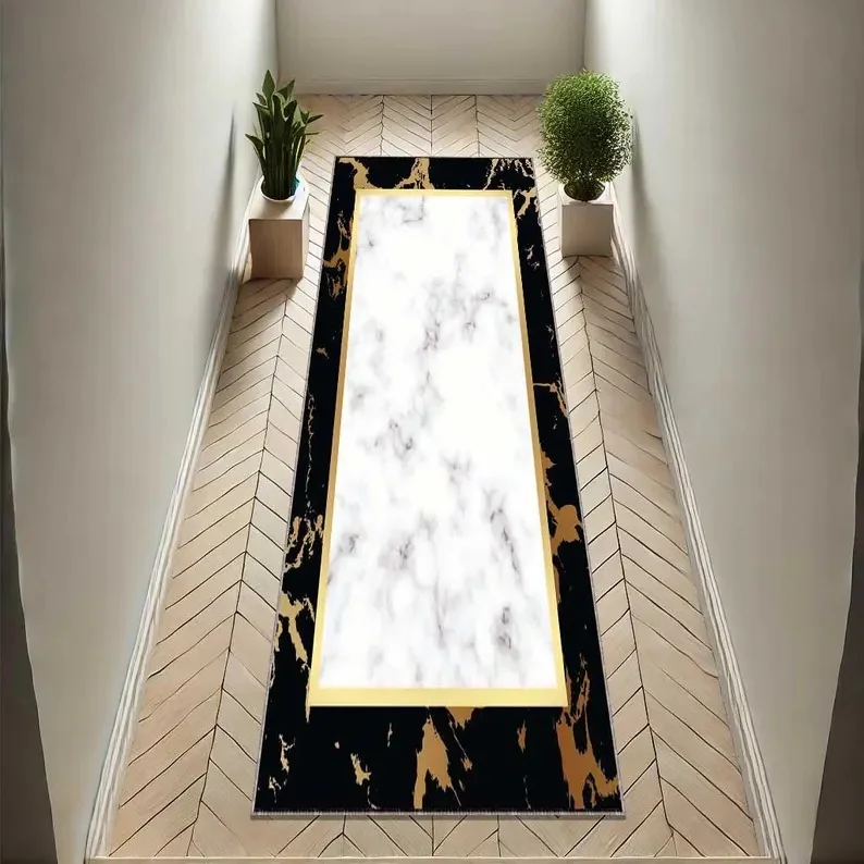 Border Runner Rug Black Gold Colored Marble Patterned Door Mat Entrance Hallway Bedside Sofa Carpet Home Decoration