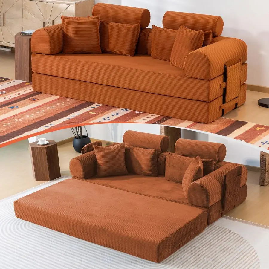 

79 Corduroy Sofa Bed Sleeper Couch, 6in1 Convertible Boneless Floor Futon Loveseat, HighDensity Foam Couch in a Box with 2 Head
