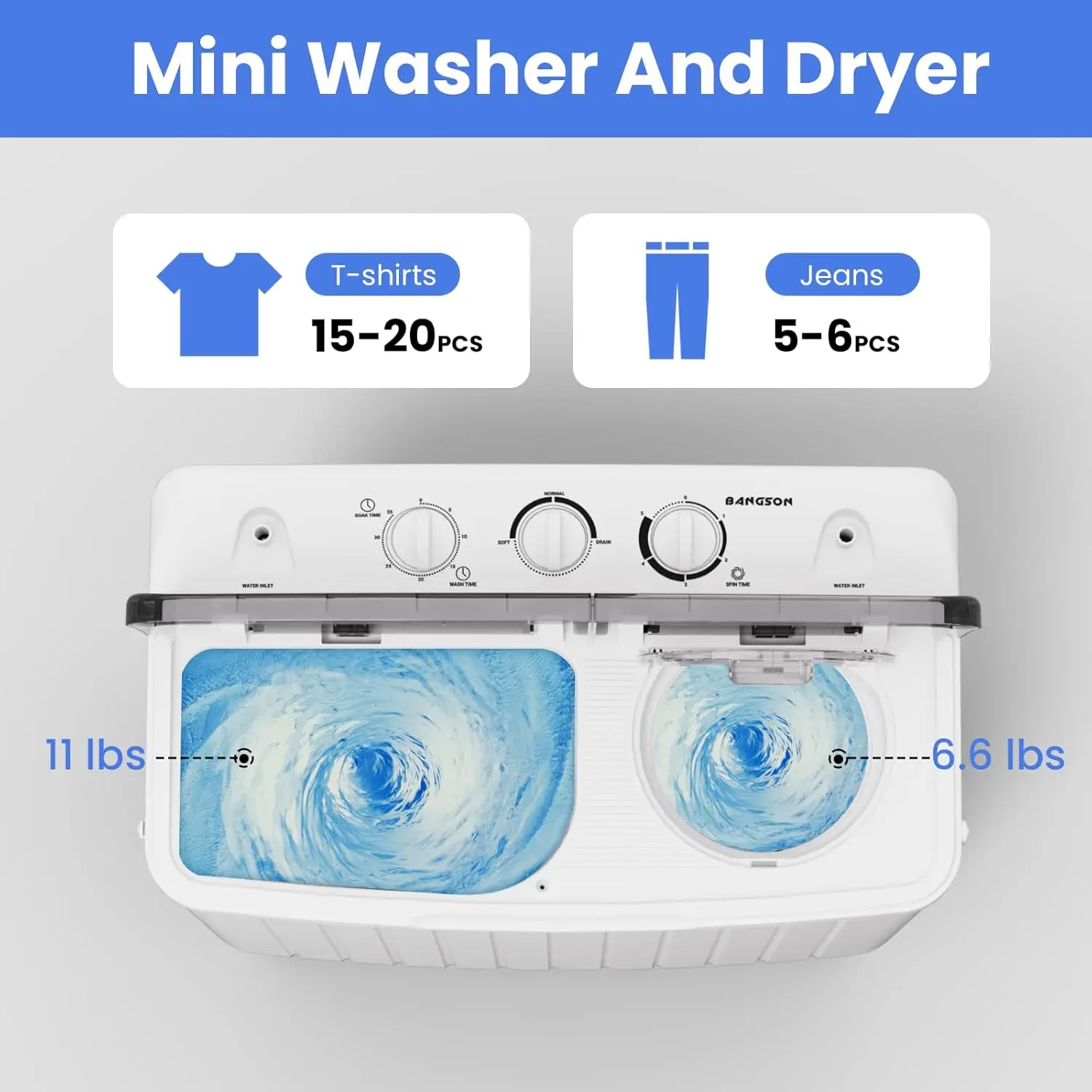 Compact Portable Washing Machine, 17.6 Lbs Portable 11 Lbs Small Twin Tub Washer and 6.6 Lbs Spin Cycle for Camping, Dor