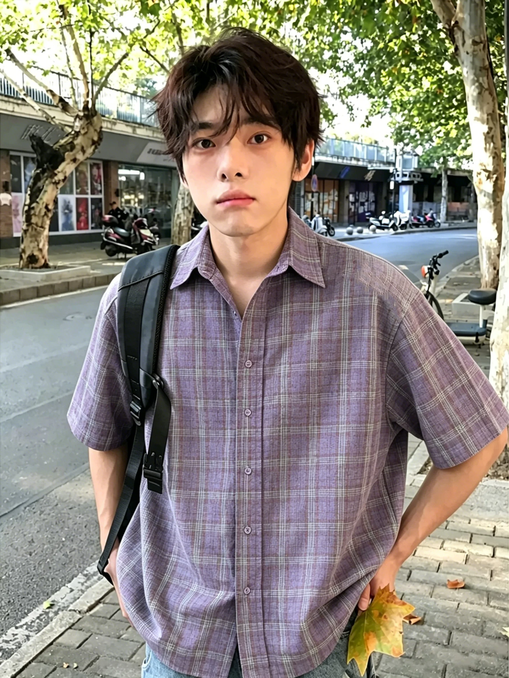 Purple Plaid Short Sleeve Shirt Men's American Retro Cleanfit Shirt Casual Style Summer Fashion Outerwear Breathable Polyeste...