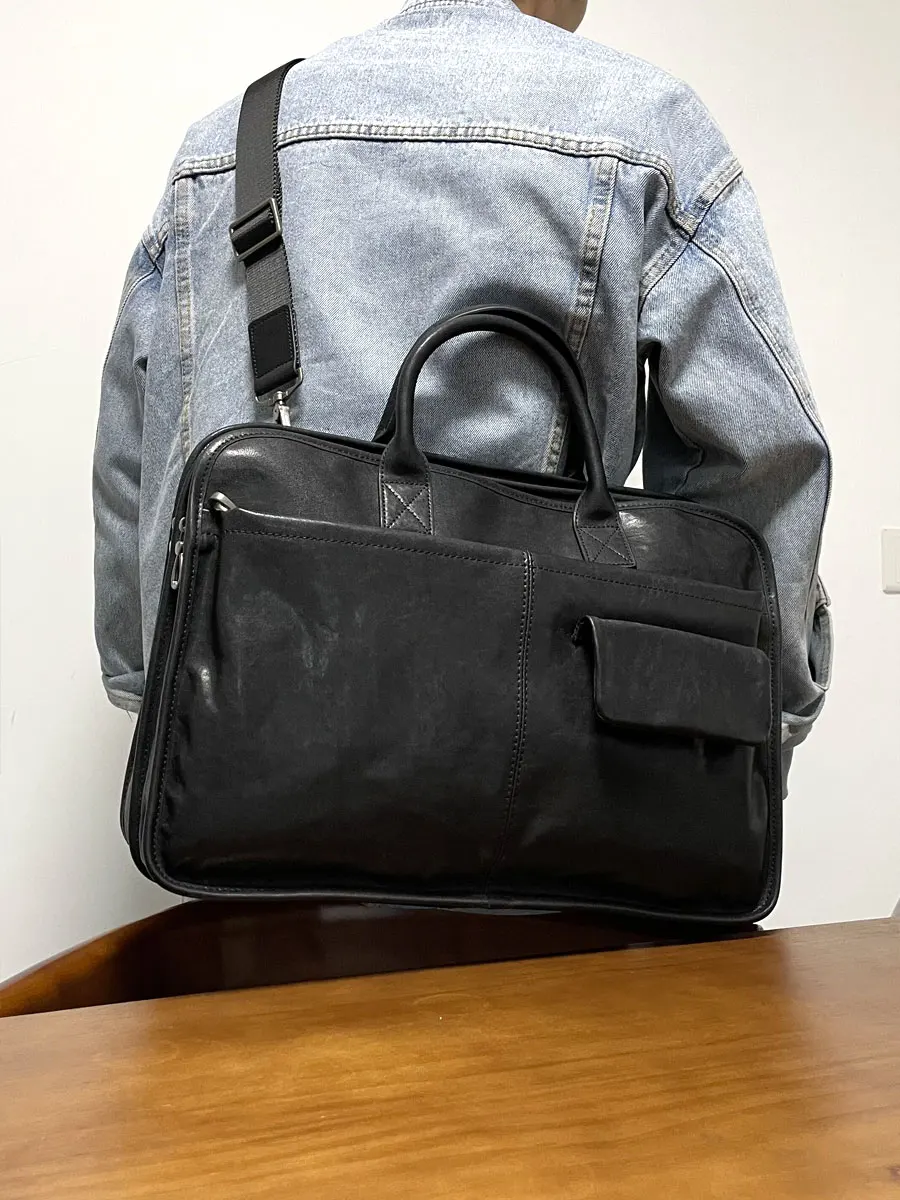 Valigette da uomo in vera pelle fatte a mano di lusso dal design casual, borse per laptop di grande capacità in pelle bovina di primo strato