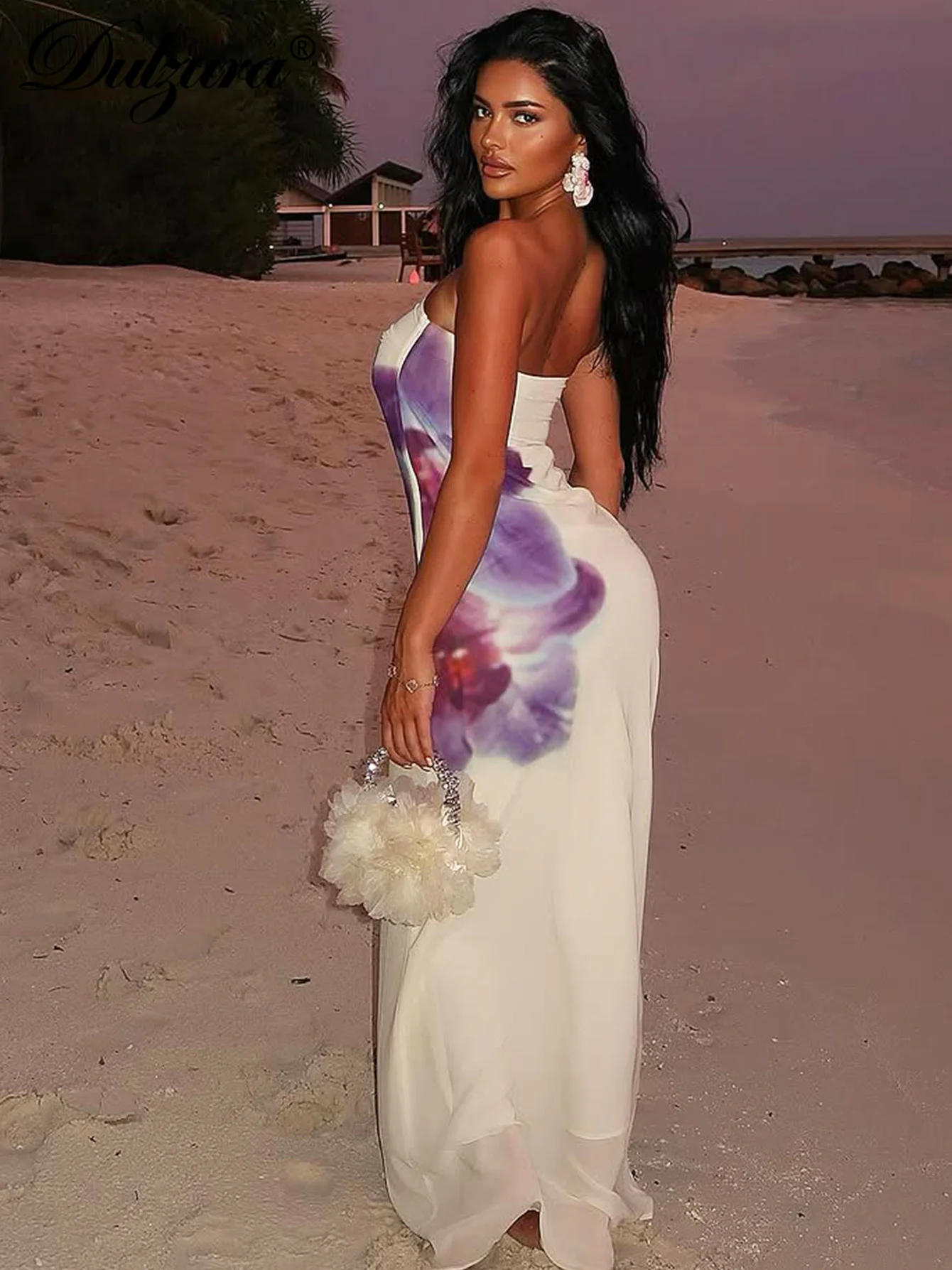 Dulzura Summer Fashion Chest Wrapping Backless Slim Fit Mesh Print Long Dress Ladies Sexy Elegant Evening Party Club Prom Outfit