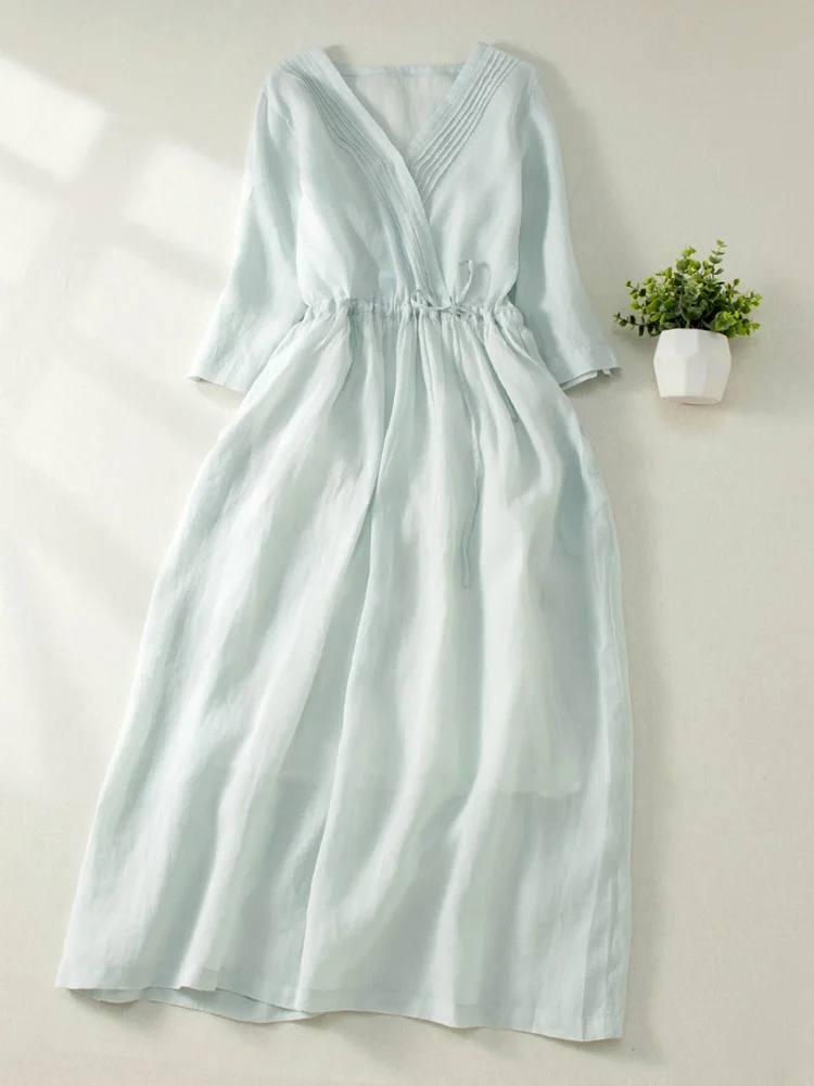 Vestido largo Retro de lino y aodón con cintura pada y cuello en V para mujer, falda acampanada a la moda de verano, ves...