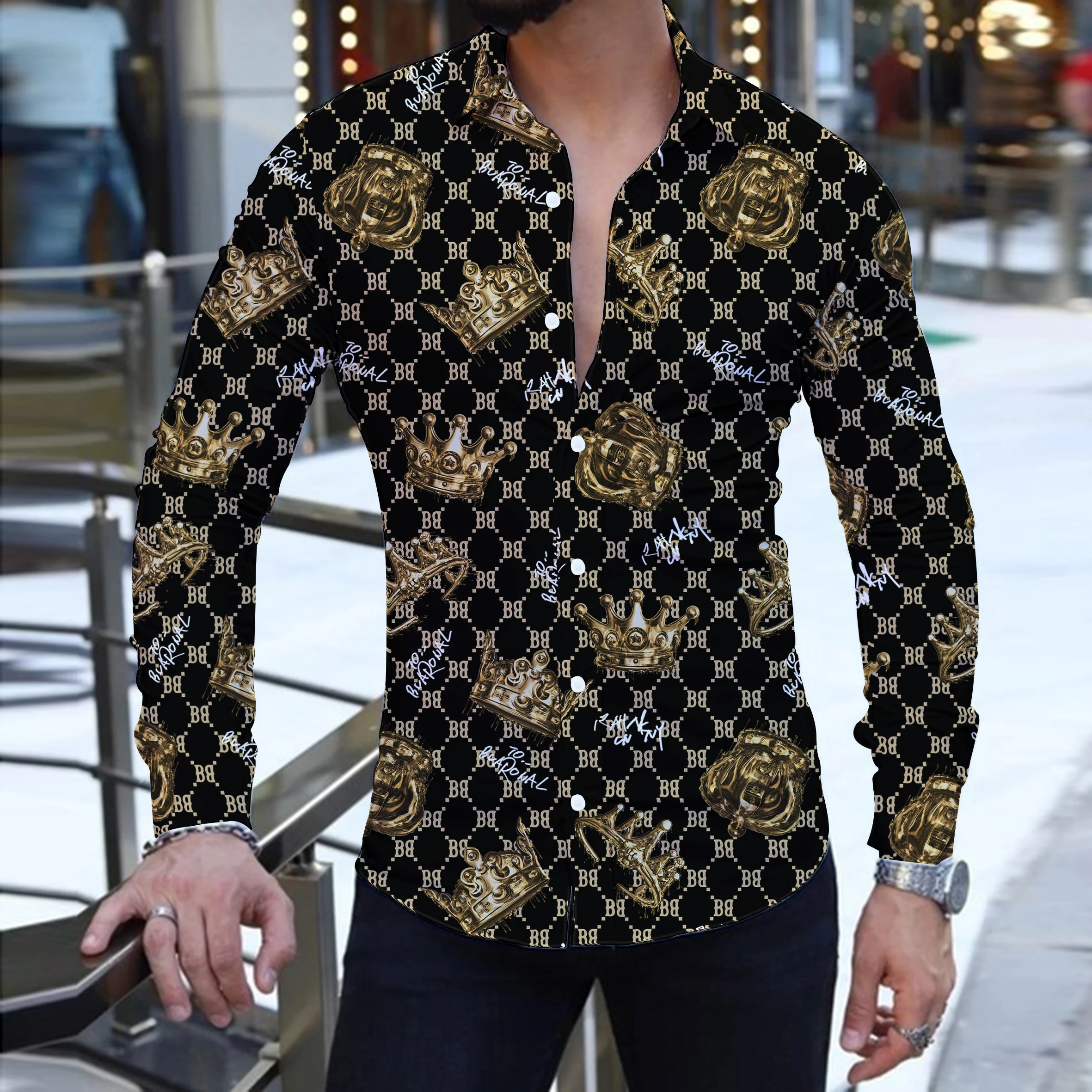 2023 Summer Fashion New Men\'s Long-Sleeved Shirt Street Leisure Beach Party Crown 3D Printing Single Breasted Hawaiian Shirt