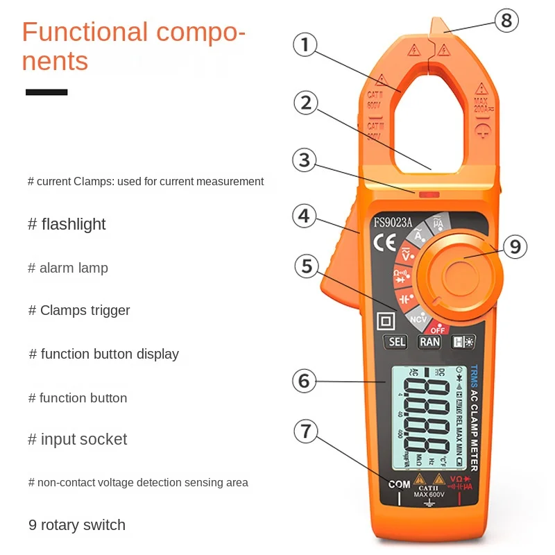 200A digital clamp multimeter automatic range intelligent anti-burning multi-function digital display ammeter FS9023A