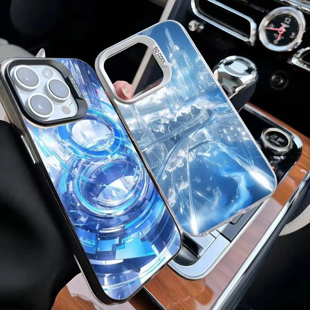 حافظة هاتف معمارية الخيال العلمي باللونين الأزرق والأبيض لهواتف iPhone 16,15,14,13,12,11,Mini,Pro,MAX غطاء أبيض غير لامع مقاوم للصدمات