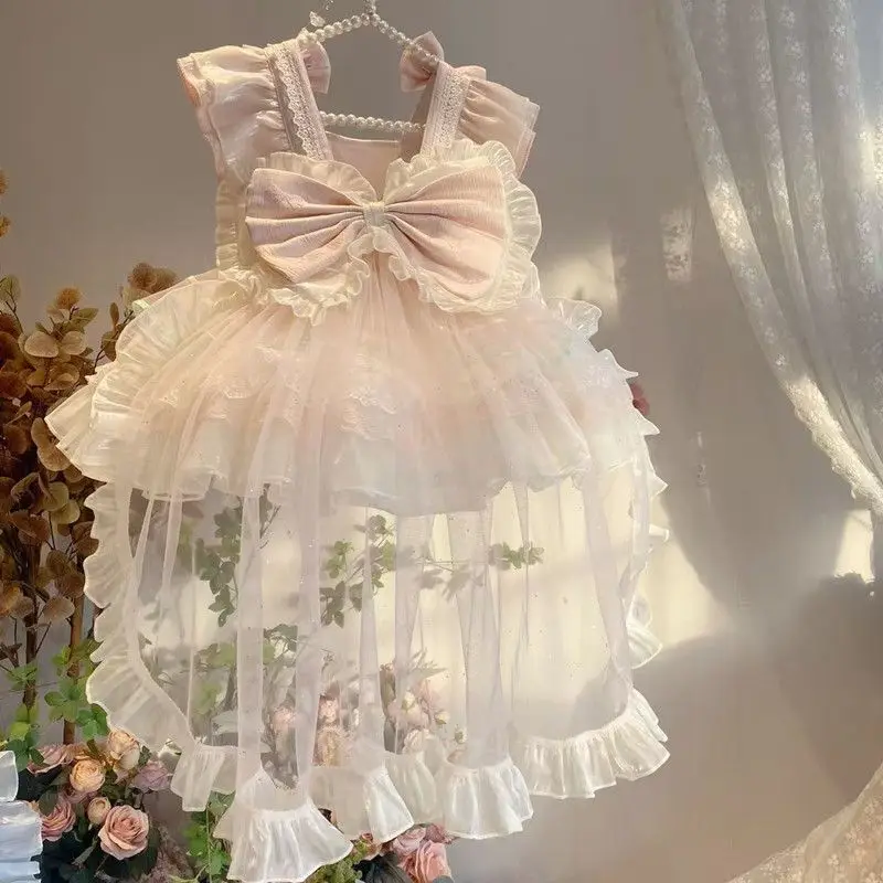 Baby Girls Summer Sweet Lolita Lace Floral Princess Ball Gown Lace Cake Layed Backless Sundress Birthday Holiday Party Children