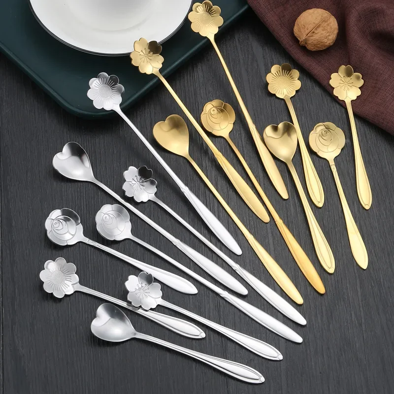 8PCS Flower Spoon Set Small Teaspoon Coffee Spoon Cute  Stainless Steel Teaspoons Milk Stir Tool for Fruit Honey Dinnerware Set