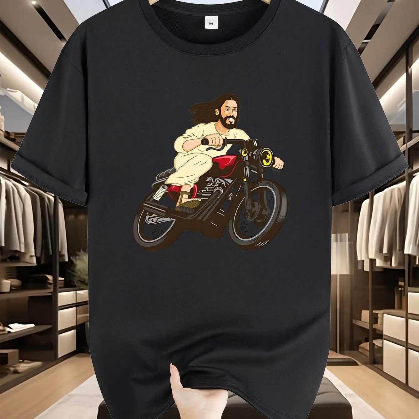 Men's Cotton Simple Retro Jesus Riding Motorcycle Creative Style Print Soft Comfortable Breathable Street Hip Hop Daily Short