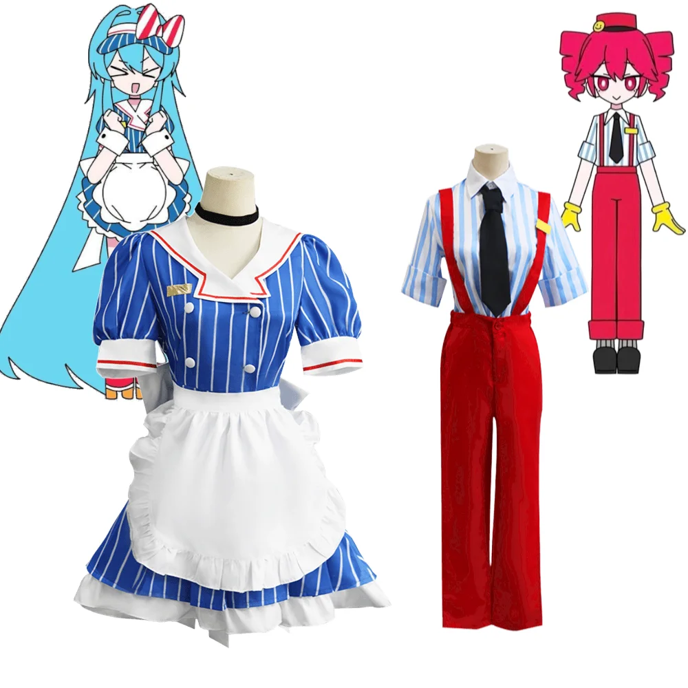 メズマライザー-初音ミク-重音テト-コスプレ衣装-ウェイトレス制服-青ストライプ-メイド服-女性用-フルセット