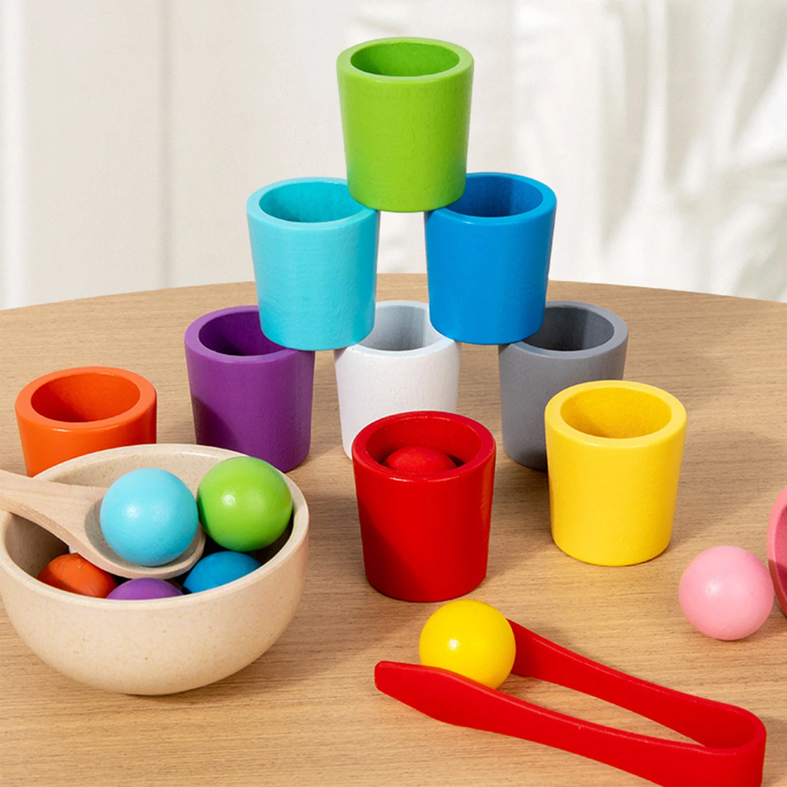 Rainbow Balls in Cups Wooden Matching Game Learning Color Sorting & Counting Activities Ball Montessori Toy for Toddlers