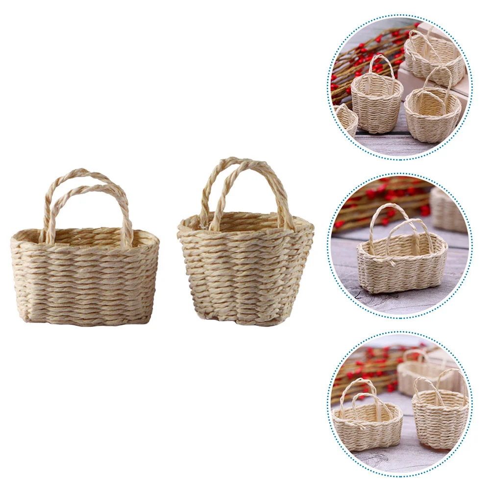 

2 Pcs House Flower Basket Mini Bamboo Baskets Picnic Wicker Props Small Miniature Ornament Micro Scene