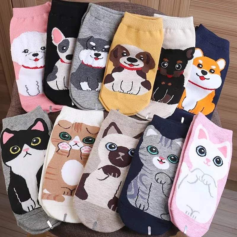 1/5 Paar Cartoon Mooie Kat Puppy Zachte Pure Katoenen Enkelbandsokken Harajuku Kawaii Veelzijdige Ademende Casual Korte Middelste Sokken