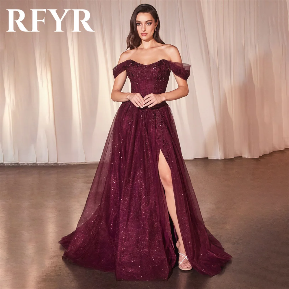 RFYR Green Prom Dress Appliques Evening Party Dresses A Line Dress Floor Length Elegant Off the Shoulder Party Gowns Customized