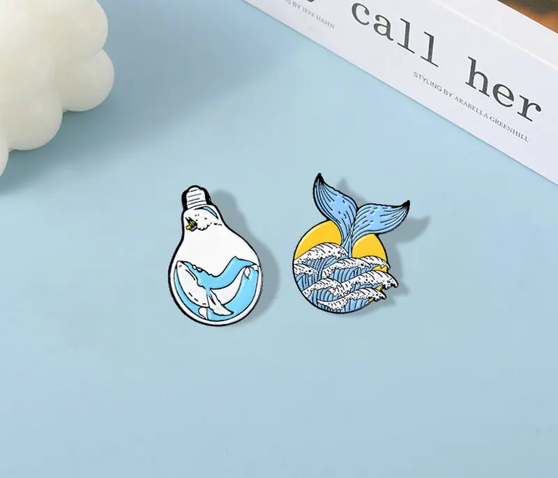 Pin Mermaid tail Whale Bulb Brooches Bag Clothes Lapel Pin Sea Ocean Wave Badge Jewelry Gift for Friends Fantasy Ocean Enamel