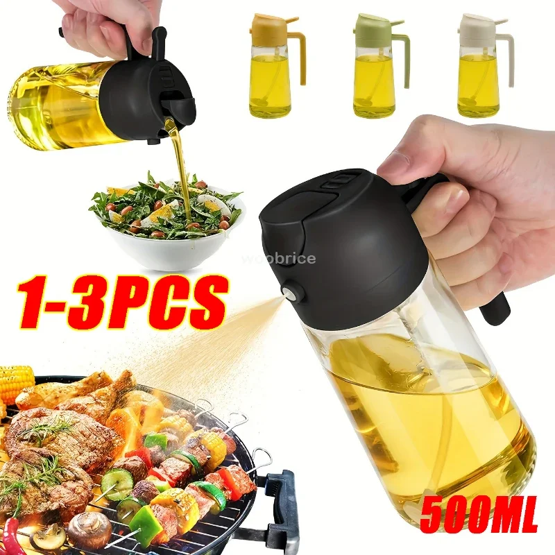 2 in 1 500ml Oil Sprayer Spray for Olive Oil Spray Dispenser Oil Bottle Handle Design for Barbecue Air Frying Pan Oven Camping