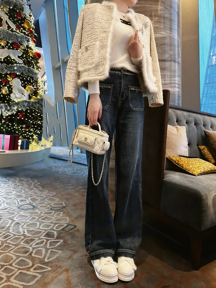 

Faionable High Waist Woven Chain Wide Leg Jeans Retro Straight Cut Pants for Women Spring Season Denim Trousers