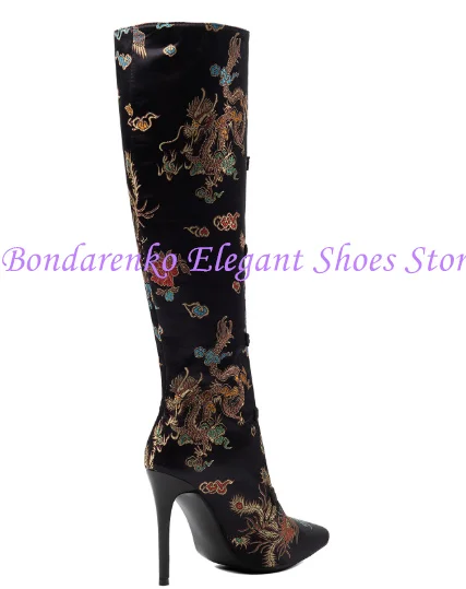 New Design Printed Woman Knee High Boots Fashion Pointed Toe Thin Heel Long Boots Lady Large Size Banquet Dress Party Shoes