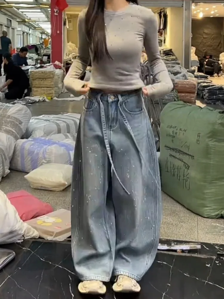 

American Sle High Waist iny Sequin Wide Leg Denim Jeans Women's Loose Straight Casual Long Pants Casual Wear Spring Season