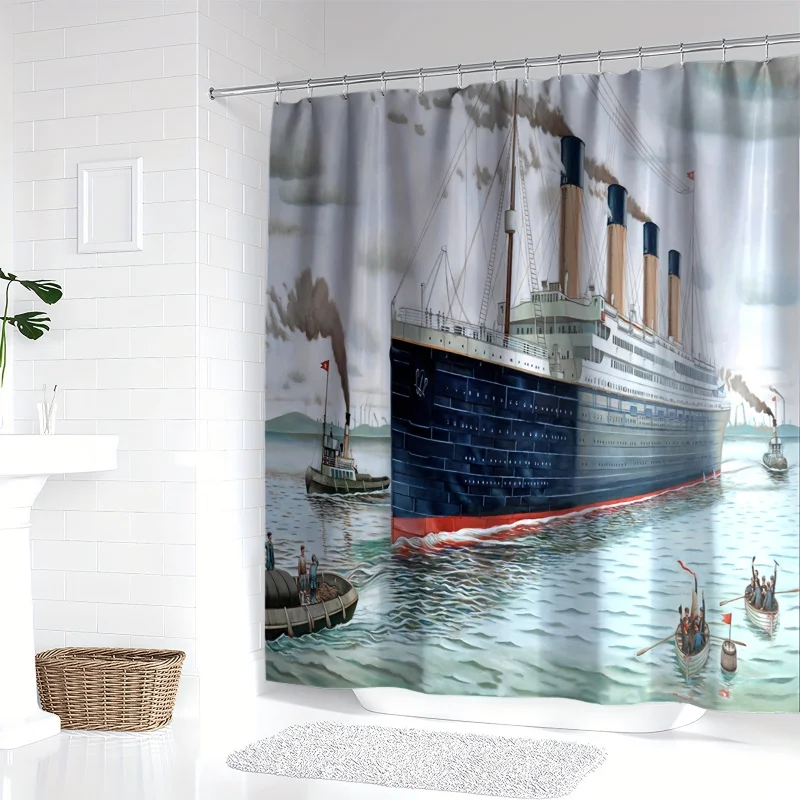 Nautical Themed Shower Curtain with Digital Print Ocean Liner Design, YWJHUI Water-Resistant Polyester Bathroom Decor with Hooks