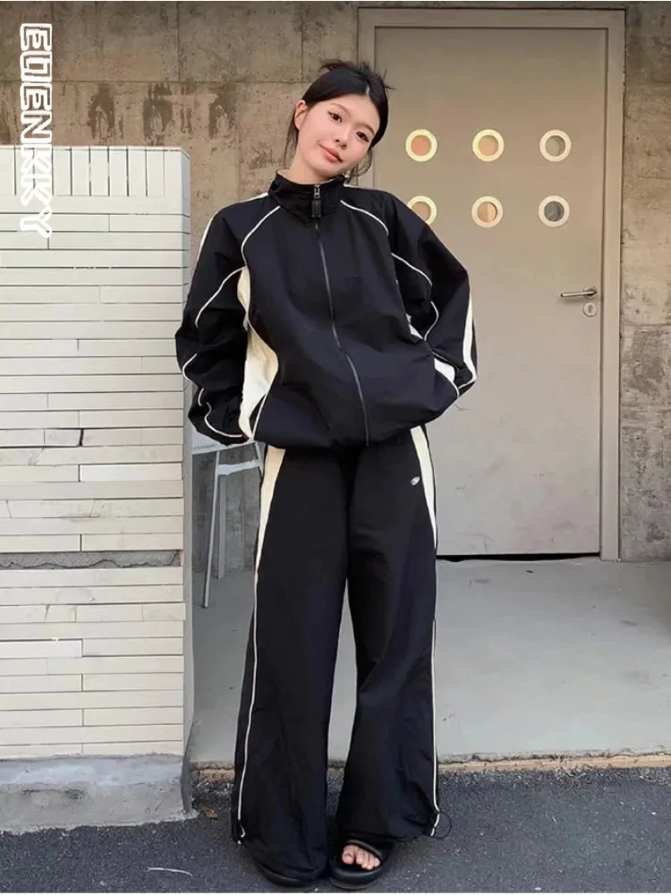 Vintage Y2K Black Joggers Set Women Retro Streetwear Hip Hop Tracksuit Oversize Zipper Sports Jacket Harajuku Sweatpants Suits