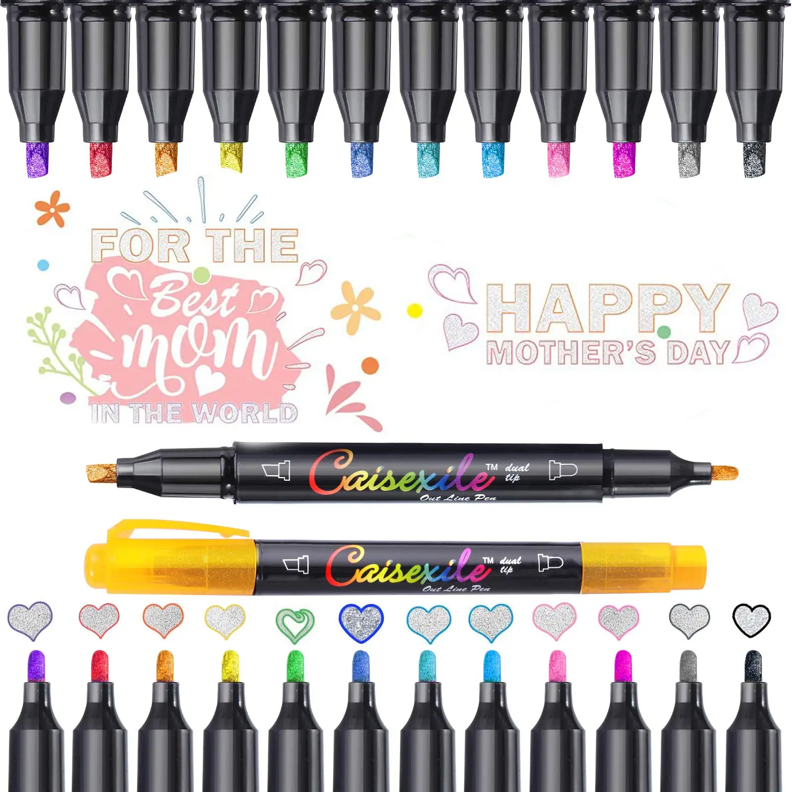 Hot Sale 12 Colors Double Line Outline Pens Metallic Markers Dual Tip Nibs Permanent Marker Glitter Pens for Rock DIY Craft