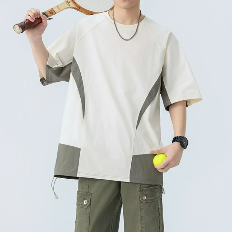 

Real time shooting of summer new Japanese trendy brand spliced color blocked short sleeved T-shirt for men, loose T-shirt