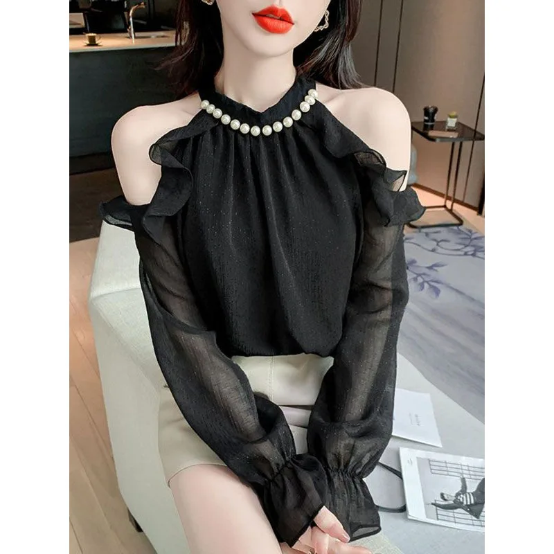 Strapless Long Sleeved Shirt Female Summer Attire 2024 Westernization Hollow Out Off Shoulder Fashion Halter Strapless Tops