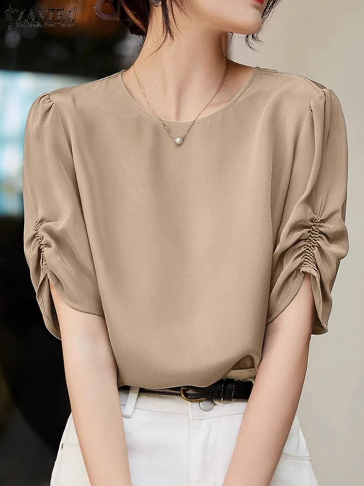 2024 ZANZEA Fashion Office OL Blouse Women Summer Short Sleeve Shirt Elegant O Neck Blusas Solid Party Tunic Female Chemise