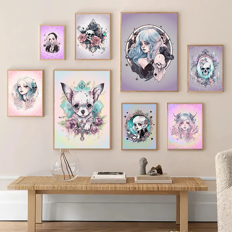 Pastel Goth Beautiful Witch Human Skeleton Poster Canvas Painting and Prints Cartoon Wall Art Picture for Living Room Home Decor