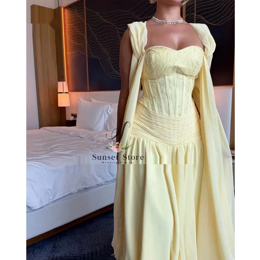 Gaun Malam Sifon Kuning Kustom 2025 Gaun Prom Sayang Renda Lengan Pendek Gaun Pesta Formal A-Line