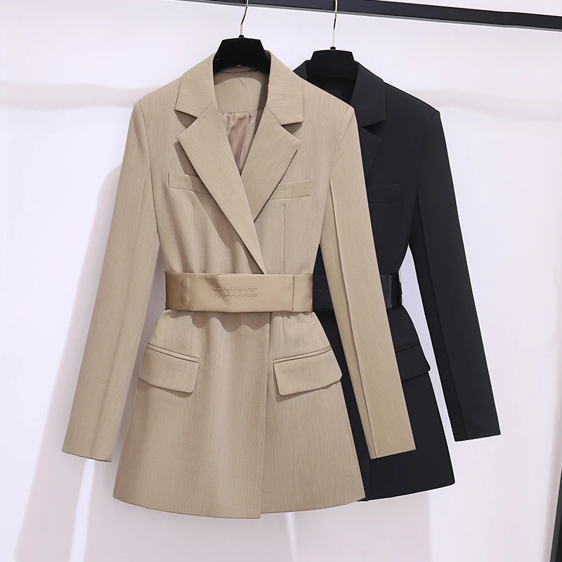 2024 Spring Autumn Women Blazers Elegant Temperament Suit Dress Wrapped Waist Dress Black Loose Jacket OL Fashion Women Clothing