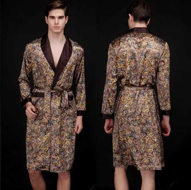 Bata para hombre, bata de baño de manga larga, kimono de satén sedoso, pijama con estampado de dragón, bata de noche
