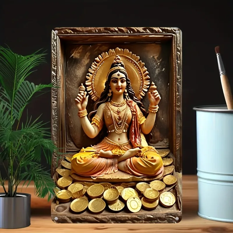 

UV-Printed Aluminum Wall Art, 8x12 Inches - Serene Goddess with Golden Coins Design, Versatile Indoor/Outdoor Decor for Home