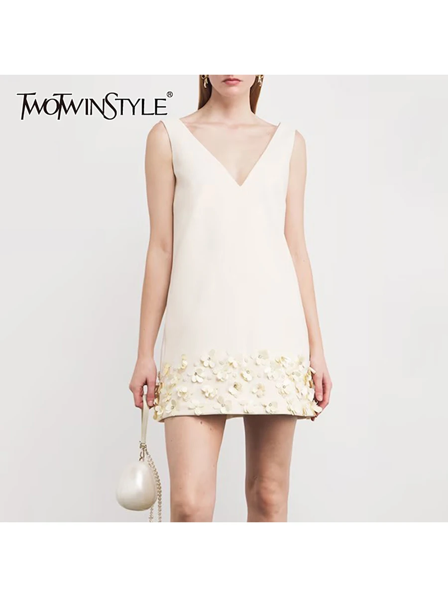 

TWOTWINSTYLE однотонные свободные элегантные платья с бисером для женщин базовое платье без рукавов с v-образным вырезом женская модная одежда новая