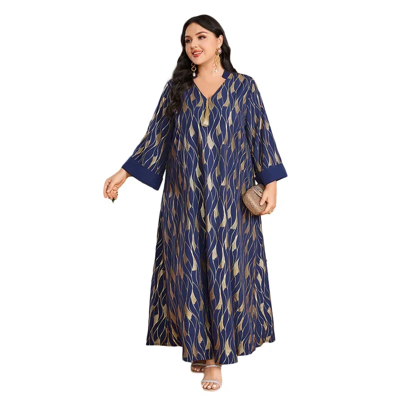 Elegante festa Vintage Abaya moda stampa floreale abito musulmano donna manica lunga con scollo a v nappa abiti Casual Arabia Kaftan Robe