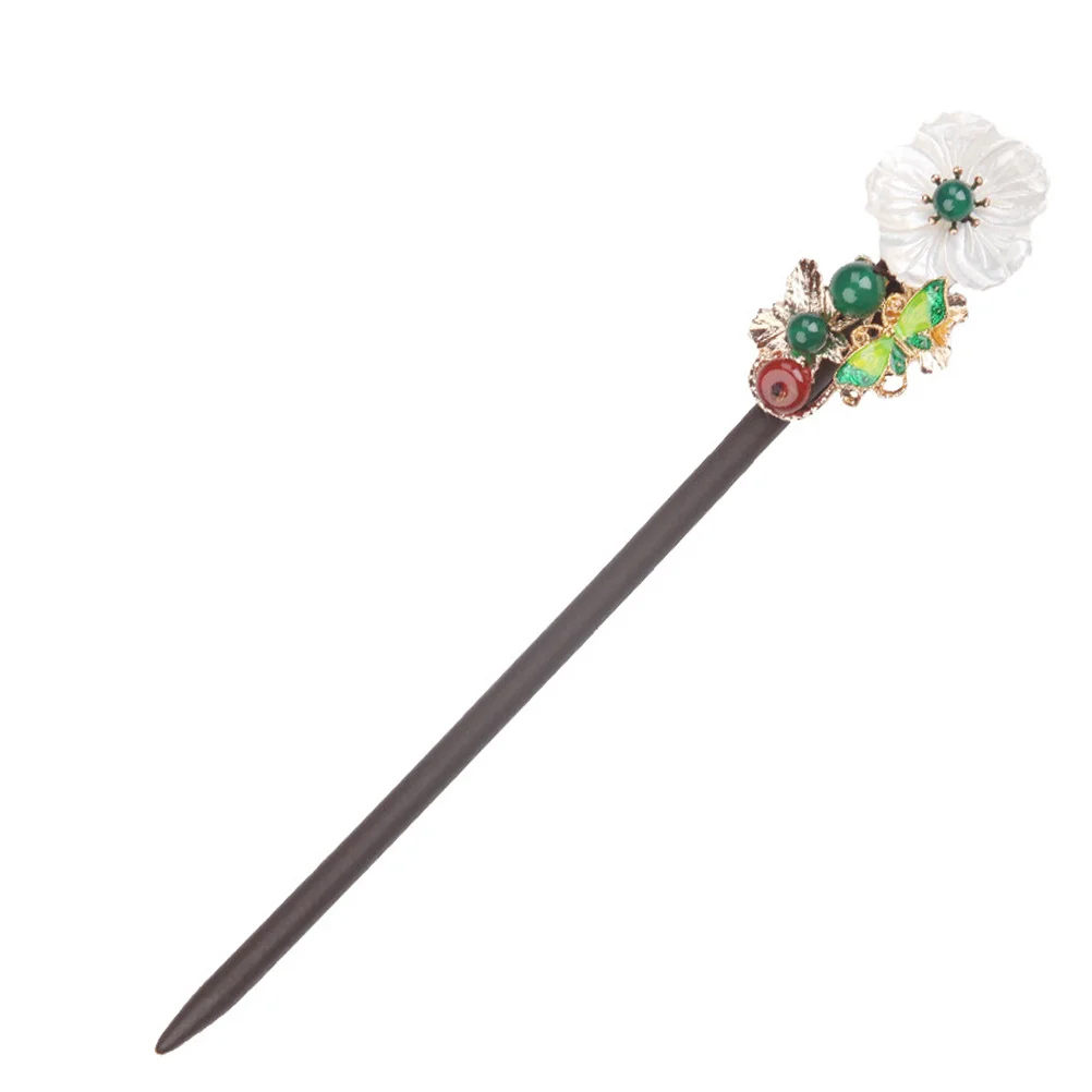 

Vintage Hairpin Wood Finish Floral Design Hair Bun Holder For Han Style Festival Wear Oriental Headdress Long